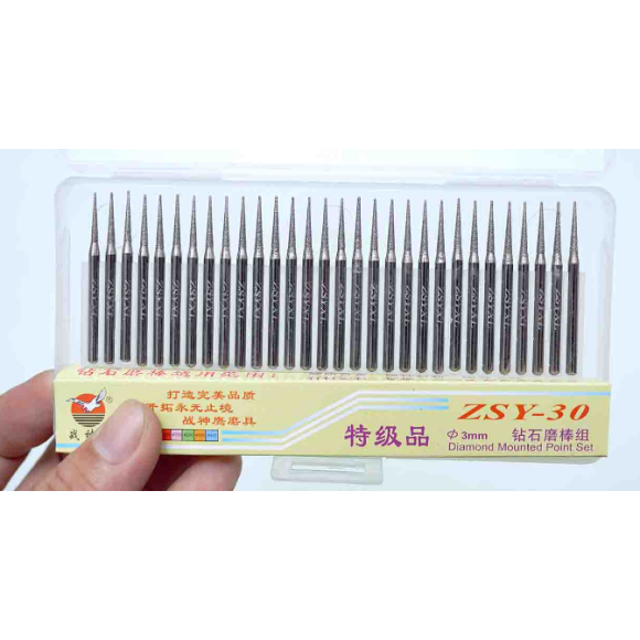 BỘ 30 MŨI MÀI KIM CƯƠNG ZSY30 V3 SỐ 14, MŨI MÀI XOÀN CÁN 3MM